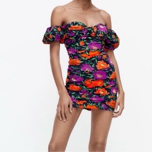 Zara Black Off-Shoulder Midi Dress with Orange & Purple Floral